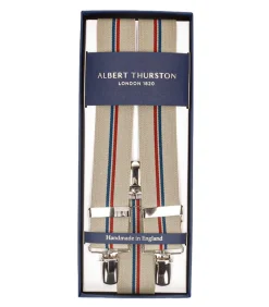 Bretelles Elastic Clip Beige A Rayures Bleu Et Rouge