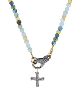 Collier Le Ferret Croix En Lapis Lazuli, Agate Et Or