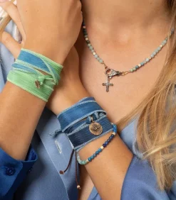 Collier Le Ferret Croix En Lapis Lazuli, Agate Et Or