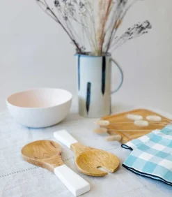 Grands Couvert De Service En Bois De Manguier Et Email Blanc