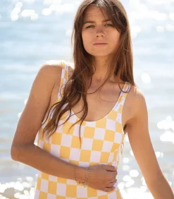 Maillot De Bain Une Piece Pamela Damier Jaune/Blanc