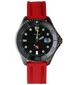 Montre Automatique Tiburon En Titane Cadran Noir Et Bracelet Rouge