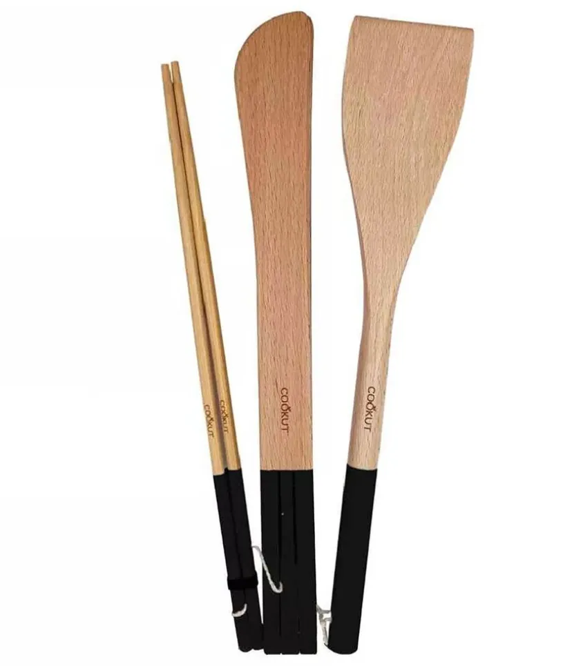 Set 3 Ustensiles Baguette + Spatule + Pince En Bois Graphite