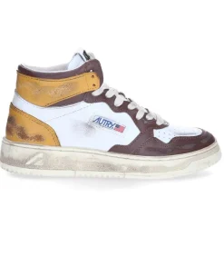 Baskets Super Vintage Mid Cuir White Brown Honey