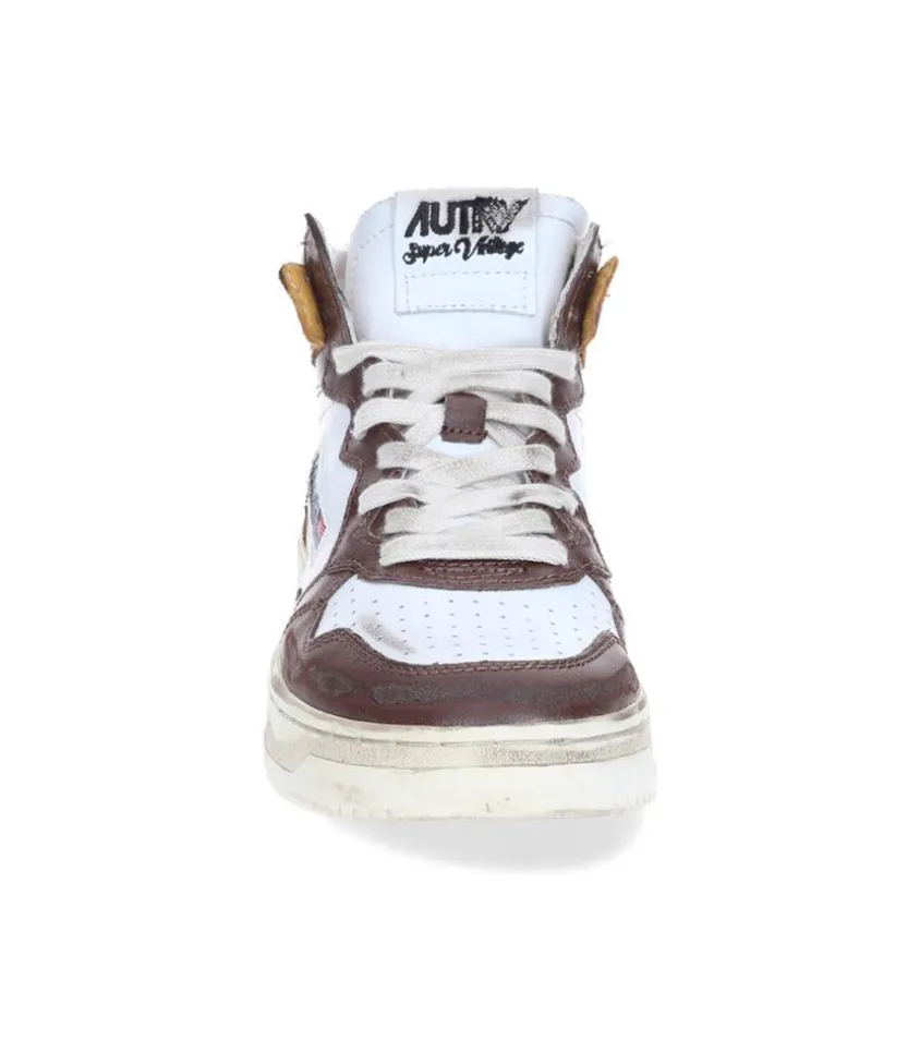 Baskets Super Vintage Mid Cuir White Brown Honey