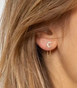 Boucle D'Oreille Stud Lune Pavee Et Chaine