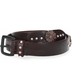 Ceinture En Cuir Tamponnee Perles Et Fleurs Marron X Jane De Boy