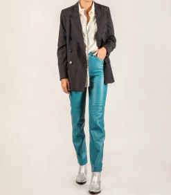Pantalon En Cuir Bleu Turquoise
