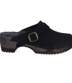 Sabots En Daim Noir/Shearling Gris