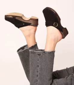 Sabots En Daim Noir/Shearling Gris