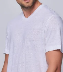 Tee-Shirt Homme Col V Manches Courtes Lin Blanc